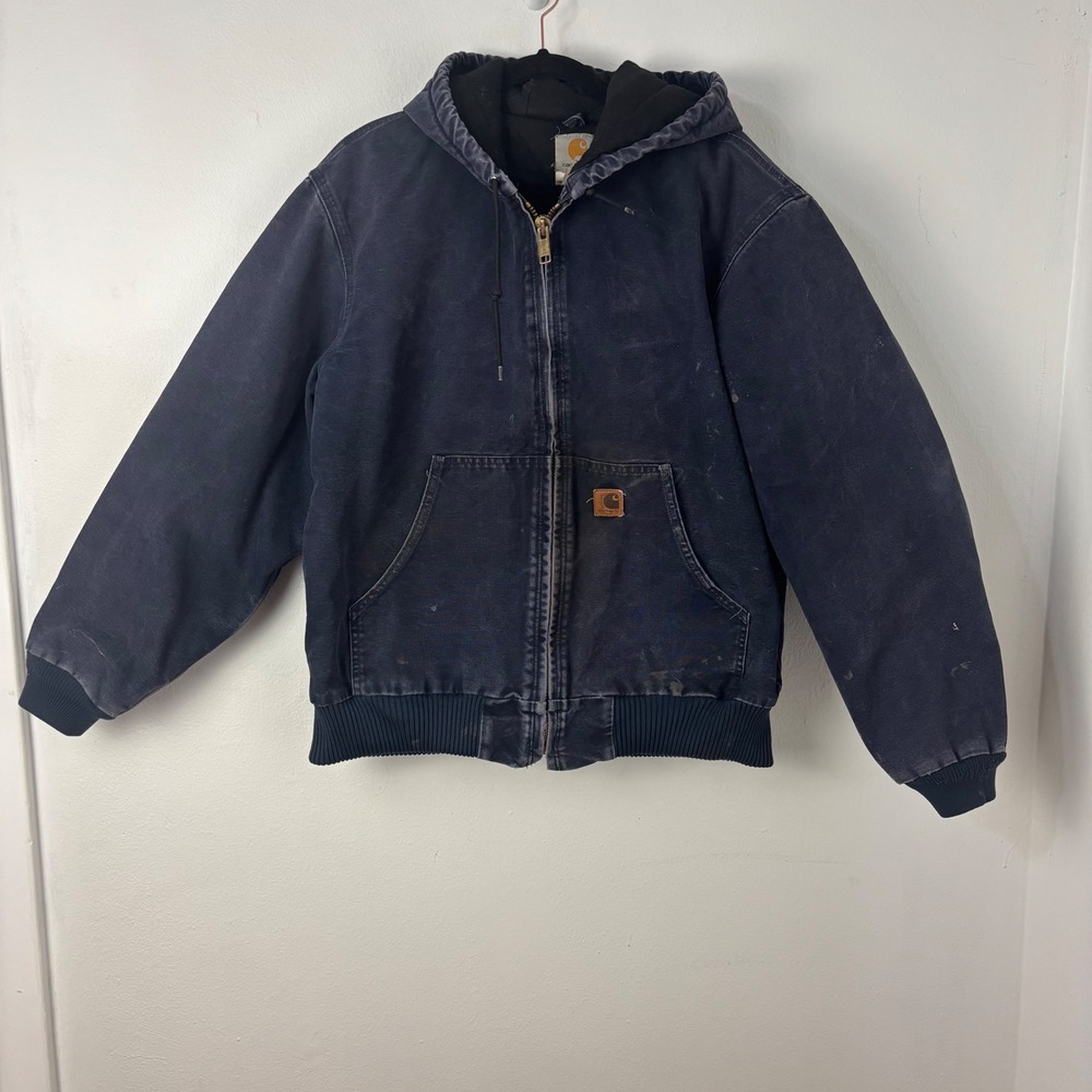 VTG Carhartt Men L Distressed Thrashed Duck Jacket Hooded Faded Navy Blue J130
